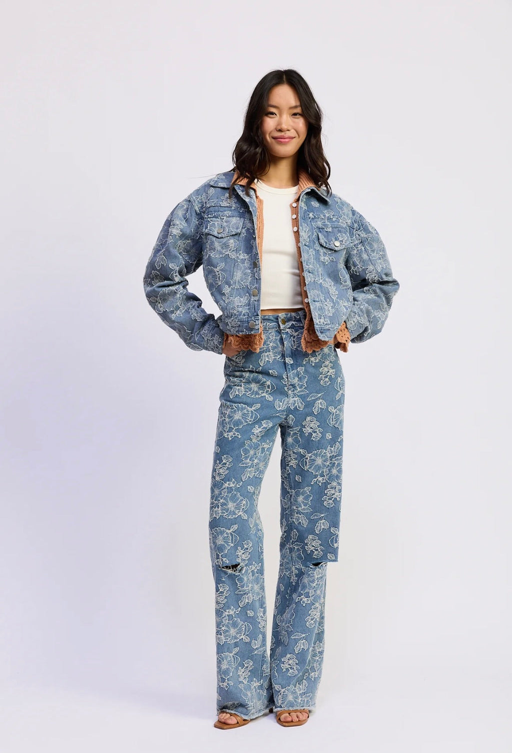 Medium Wash Floral Jacquard Crop