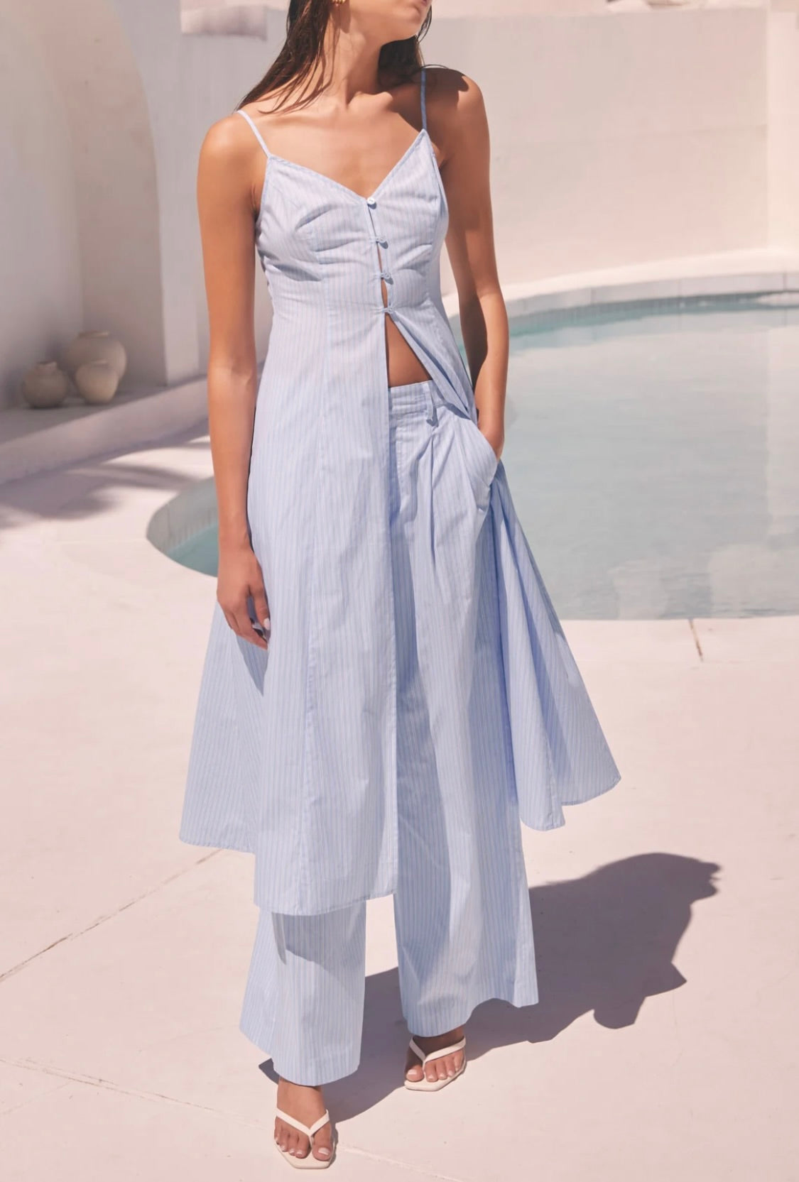 Blue Pinstripe Button-Front V-Neck Longline Tunic Top