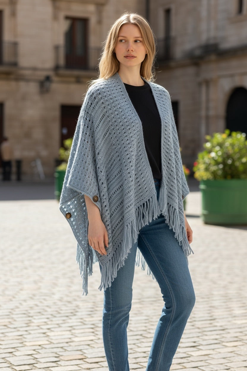 Blue Fringe Wrap-to-Cardigan