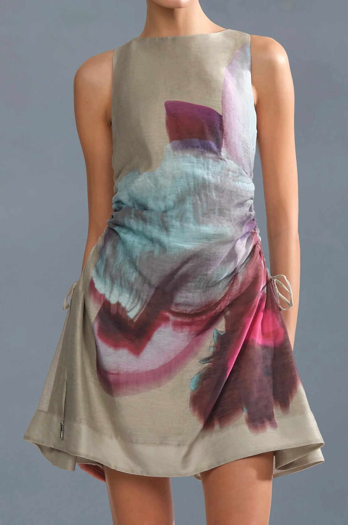 Sage Orchid Print Adjustable Drawstring Mini Dress