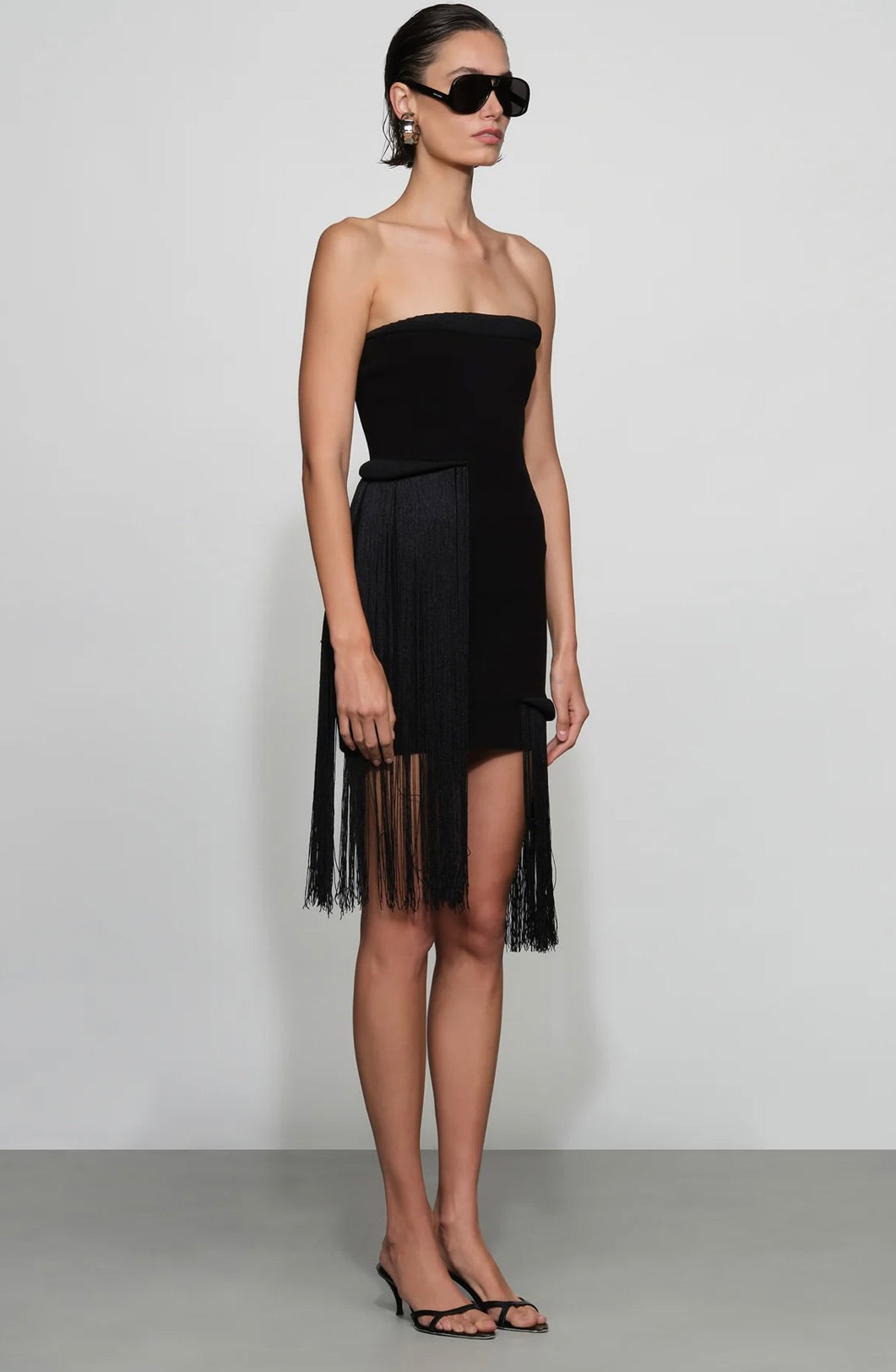 Black Tubular Fringe Knit Mini Dress