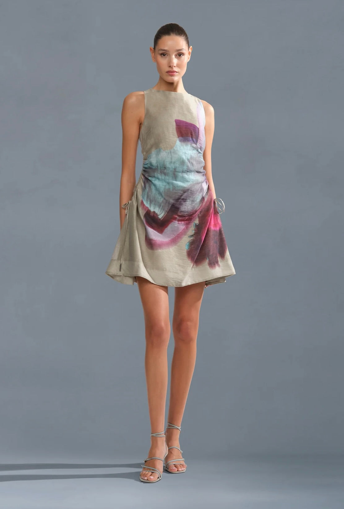 Sage Orchid Print Adjustable Drawstring Mini Dress