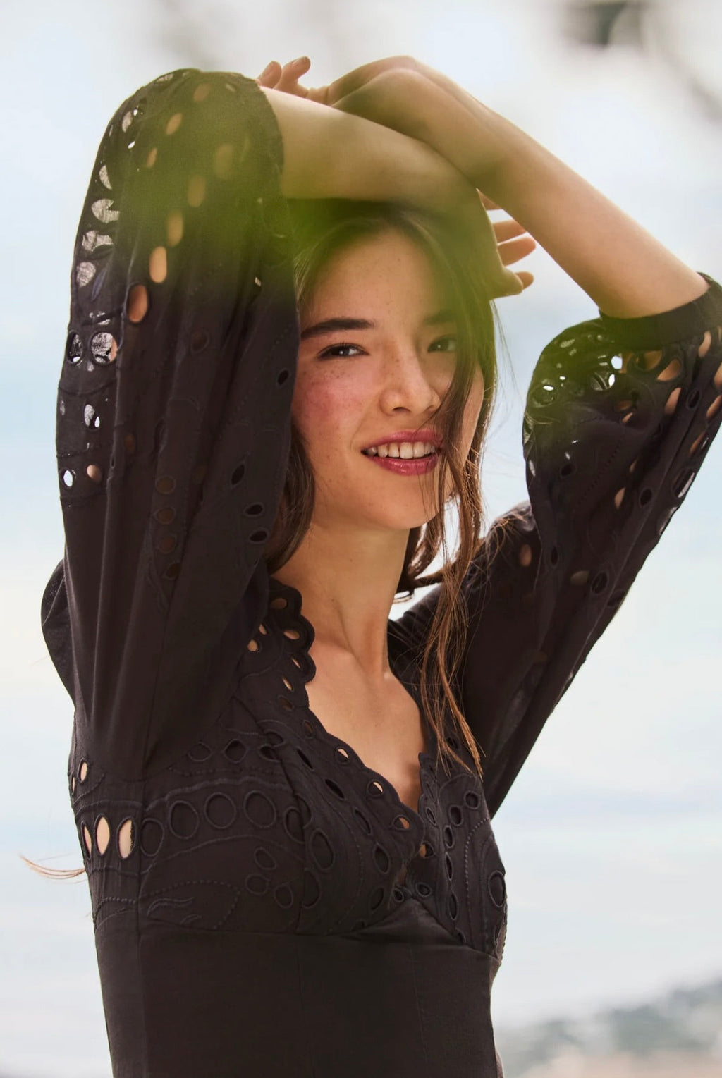 Black Sealace Embroidered Sweetheart Neck Puff-Sleeve Midi Dress