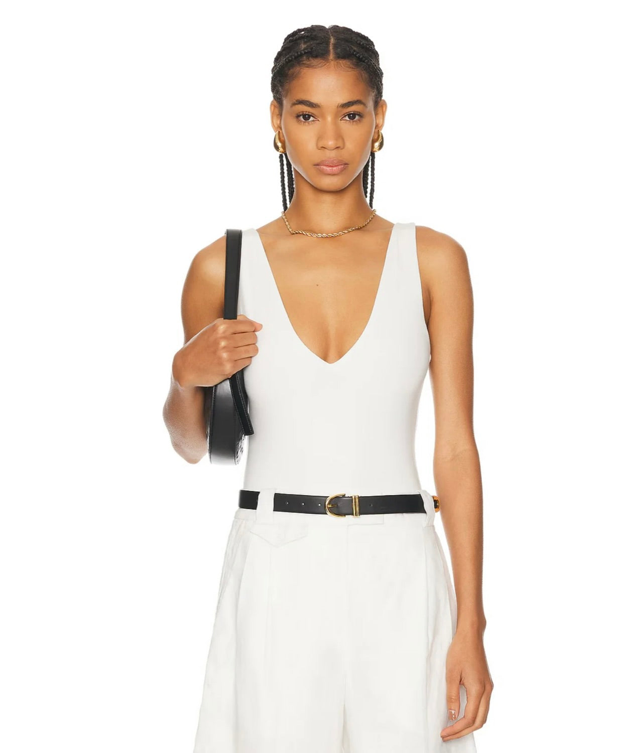 White Bamboo-Viscose Plunge V Bodysuit with Snap Closure