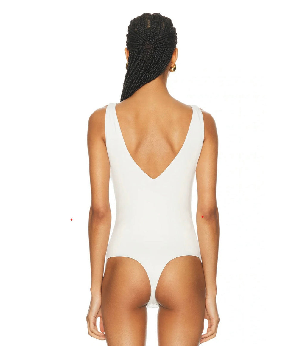 White Bamboo-Viscose Plunge V Bodysuit with Snap Closure