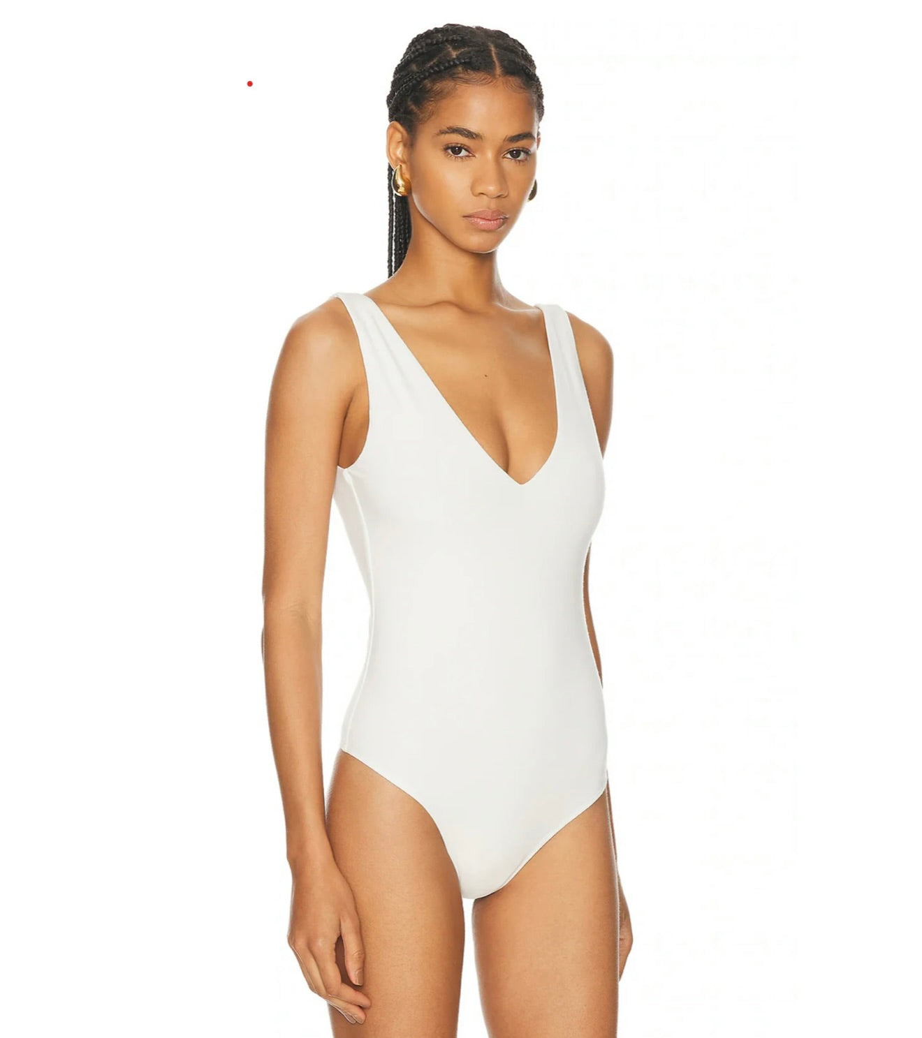 White Bamboo-Viscose Plunge V Bodysuit with Snap Closure