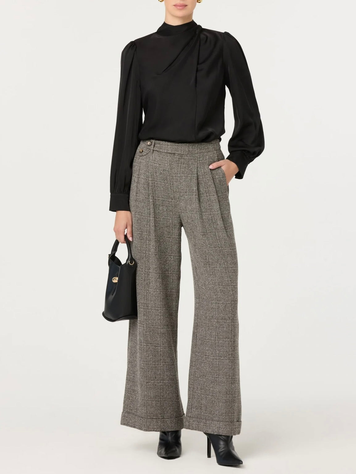Grey Plaid Pleated Wide-Leg Low-Rise Trousers