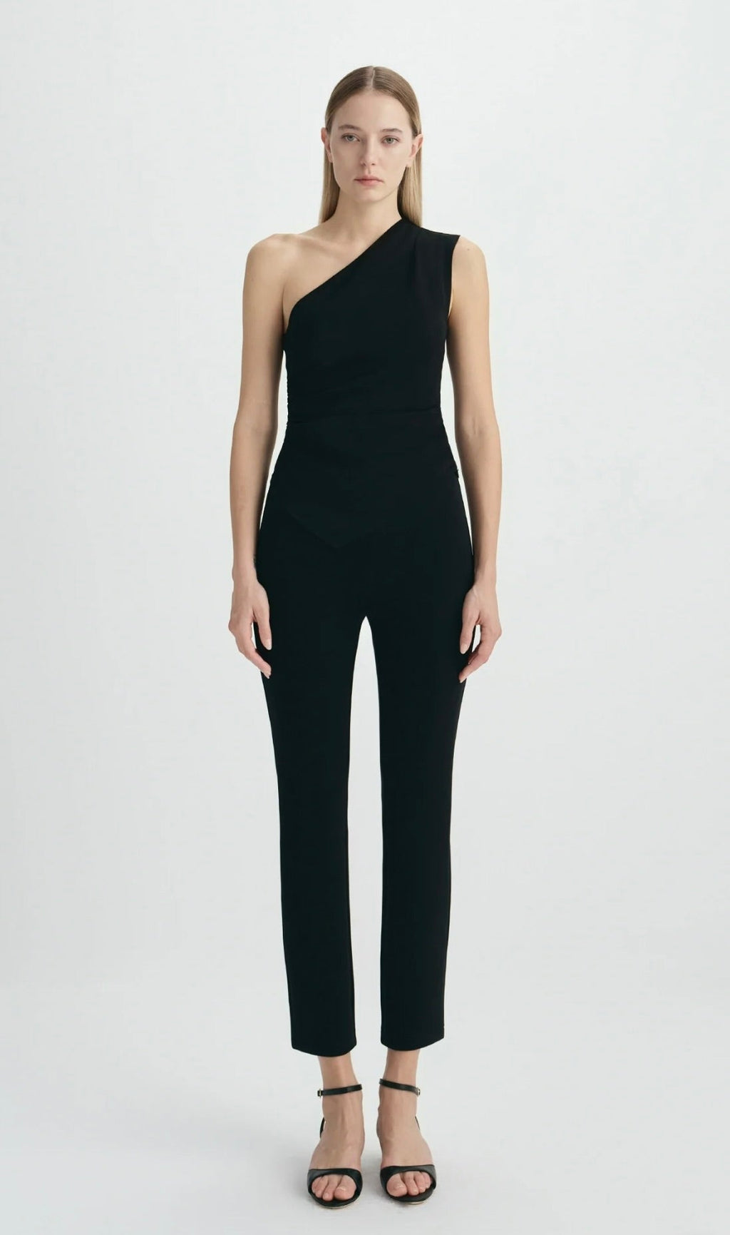 One-Shoulder Side Shirring Black Tank