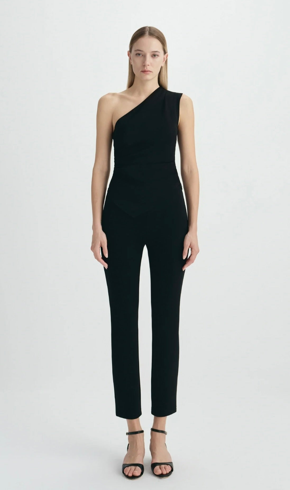 One-Shoulder Side Shirring Black Tank