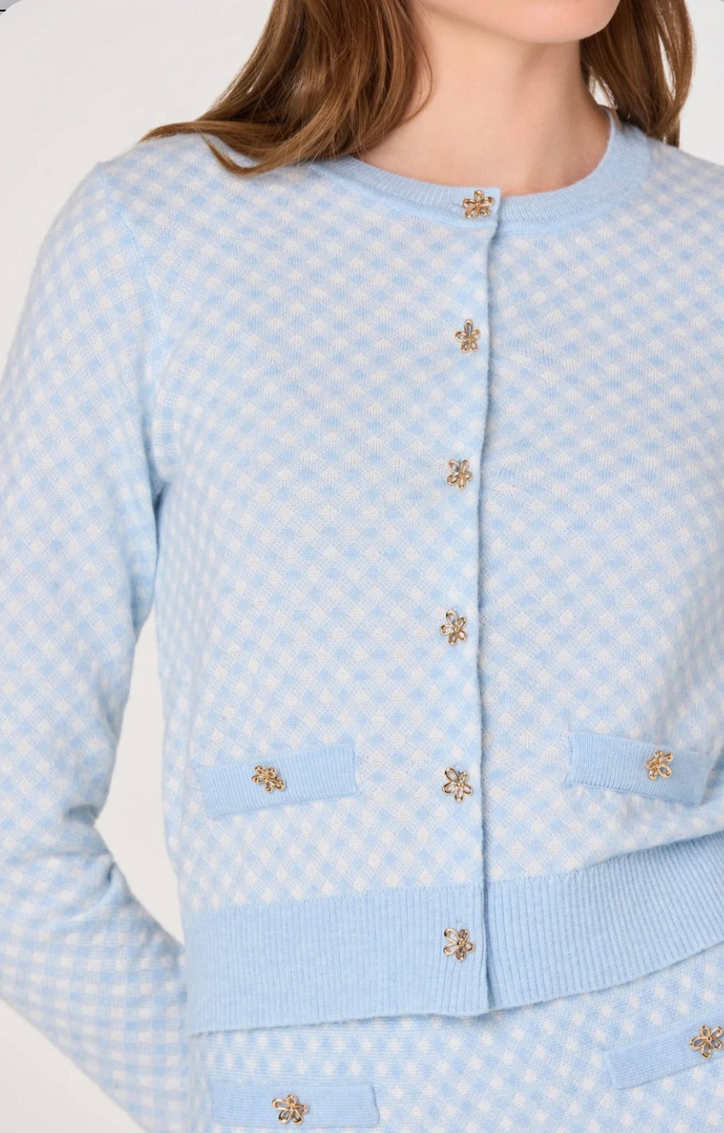 ‌Blue Plaid Jeweled Cardigan