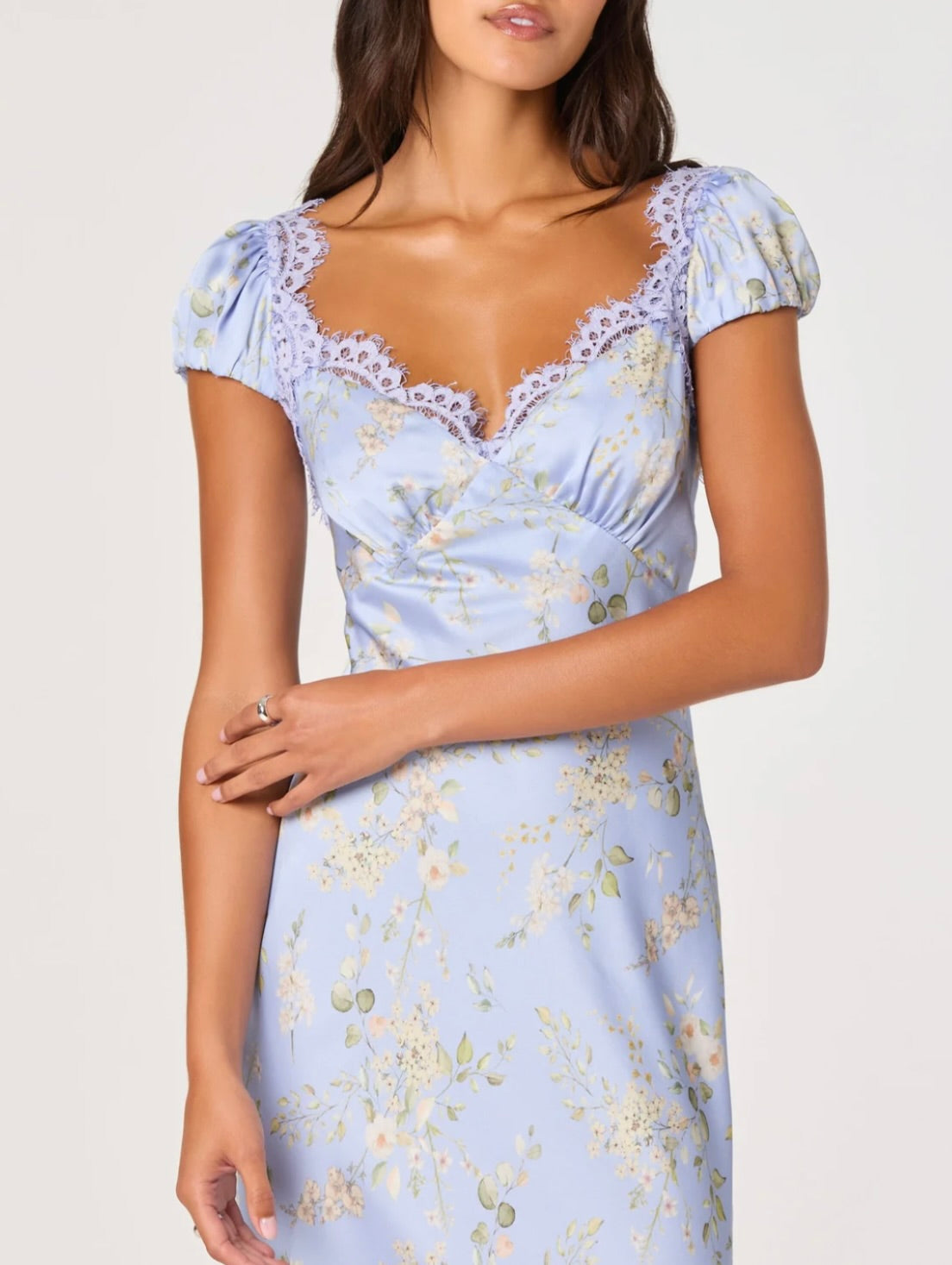 Blue Floral Bias-Cut Satin Midi Dress