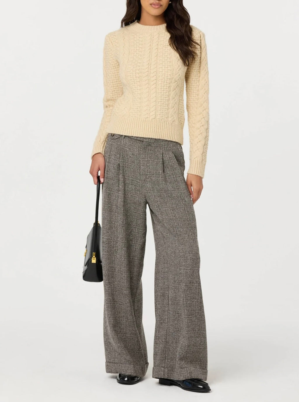 Grey Plaid Pleated Wide-Leg Low-Rise Trousers