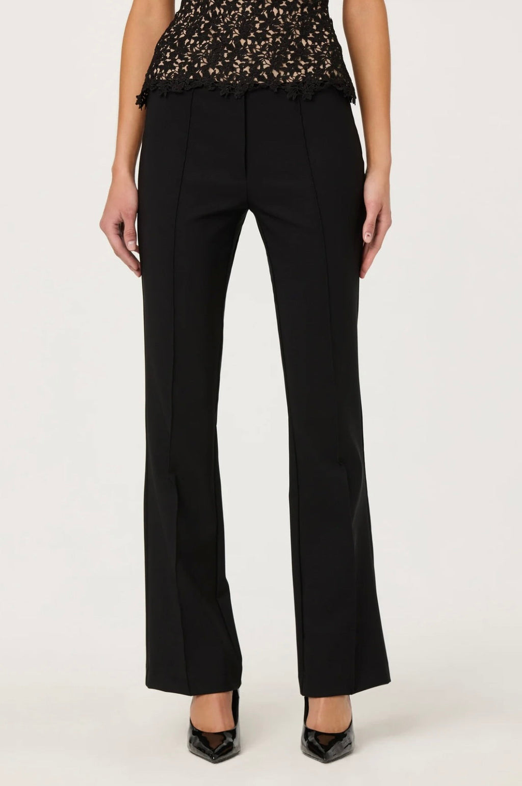 Silky-Feel Slightly Flared Ankle Pants with Faux Pockets