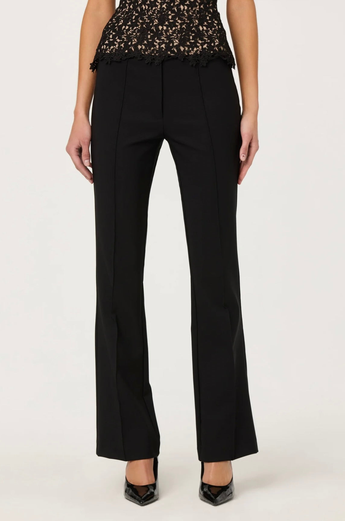Silky-Feel Slightly Flared Ankle Pants with Faux Pockets