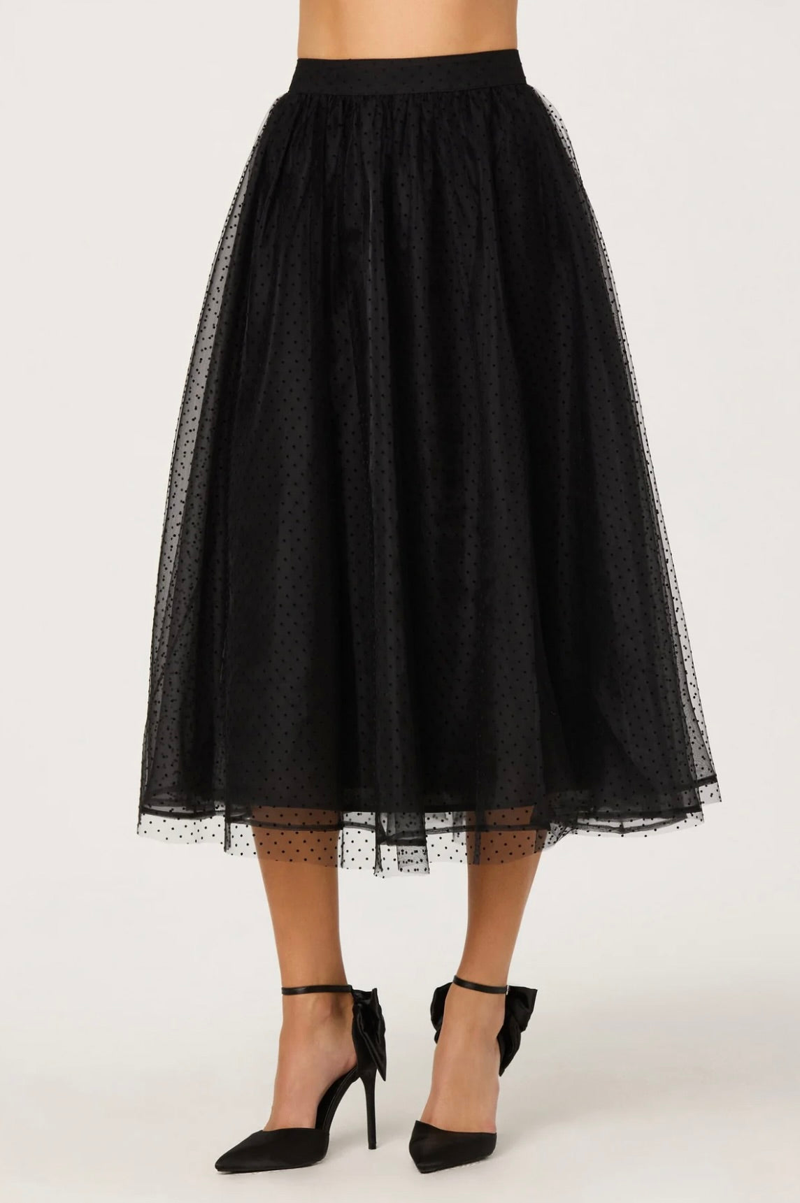 Black Tulle with Velvet Dot Motif A-Line Midi Skirt