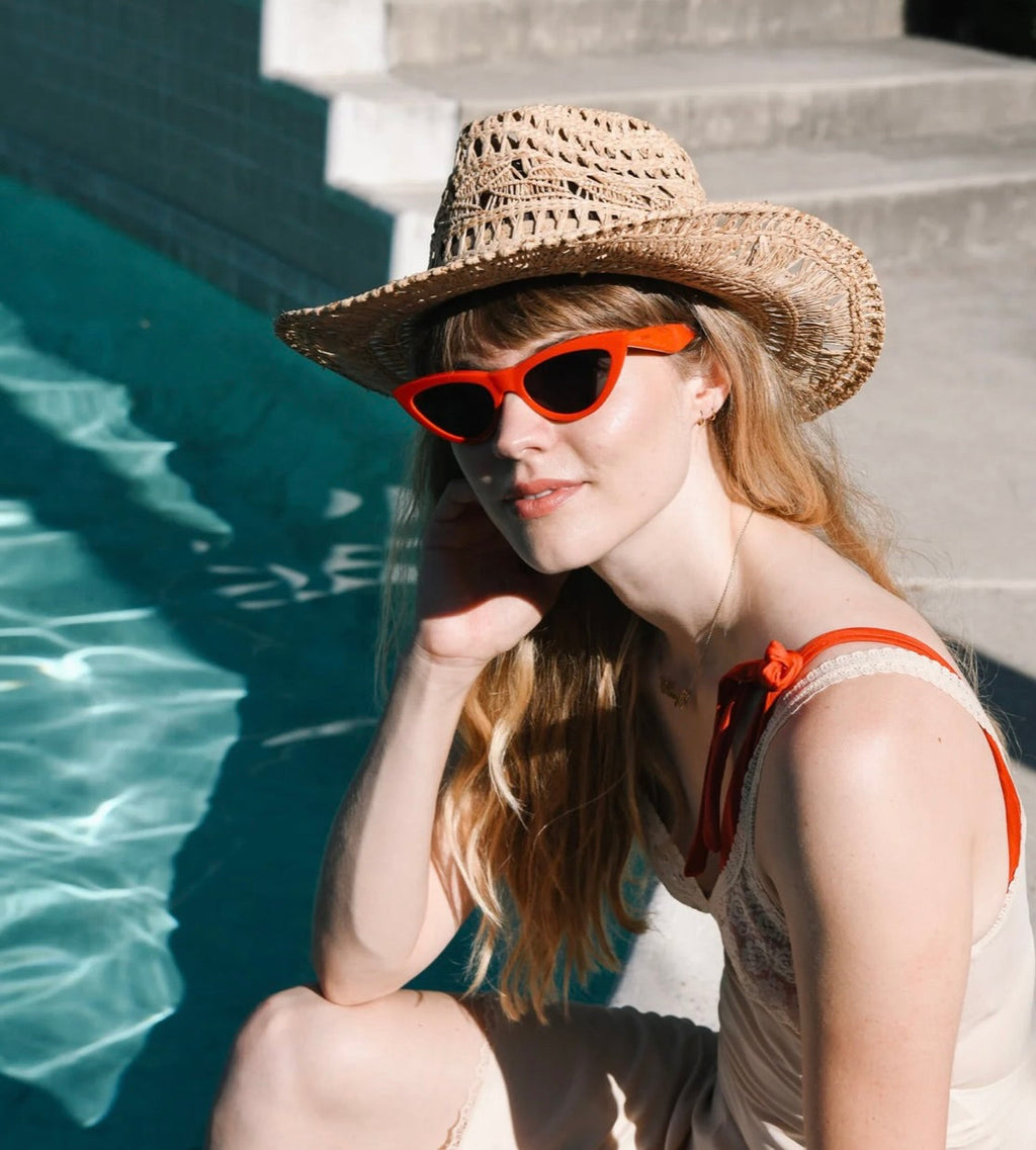 Natural Handwoven Raffia Straw Hat with Curved Brim & Pinched Crown