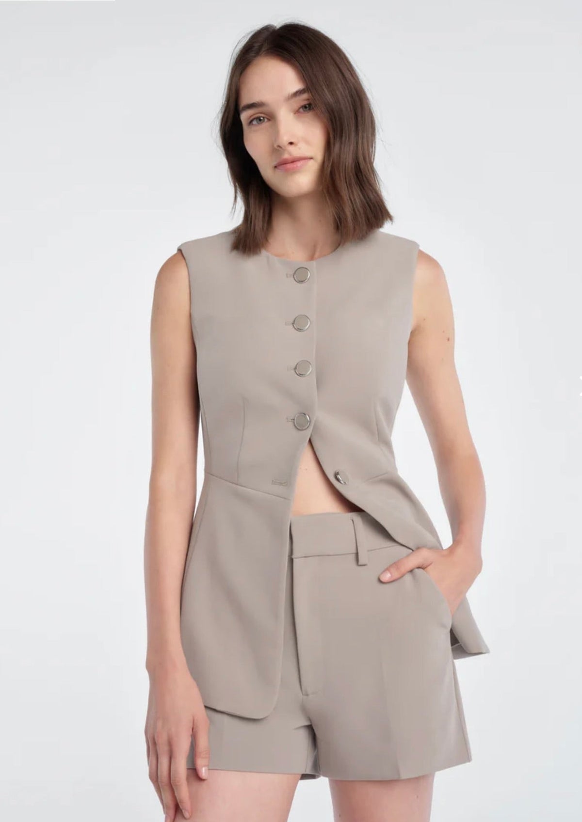 Soft Taupe Exposed Button Vest