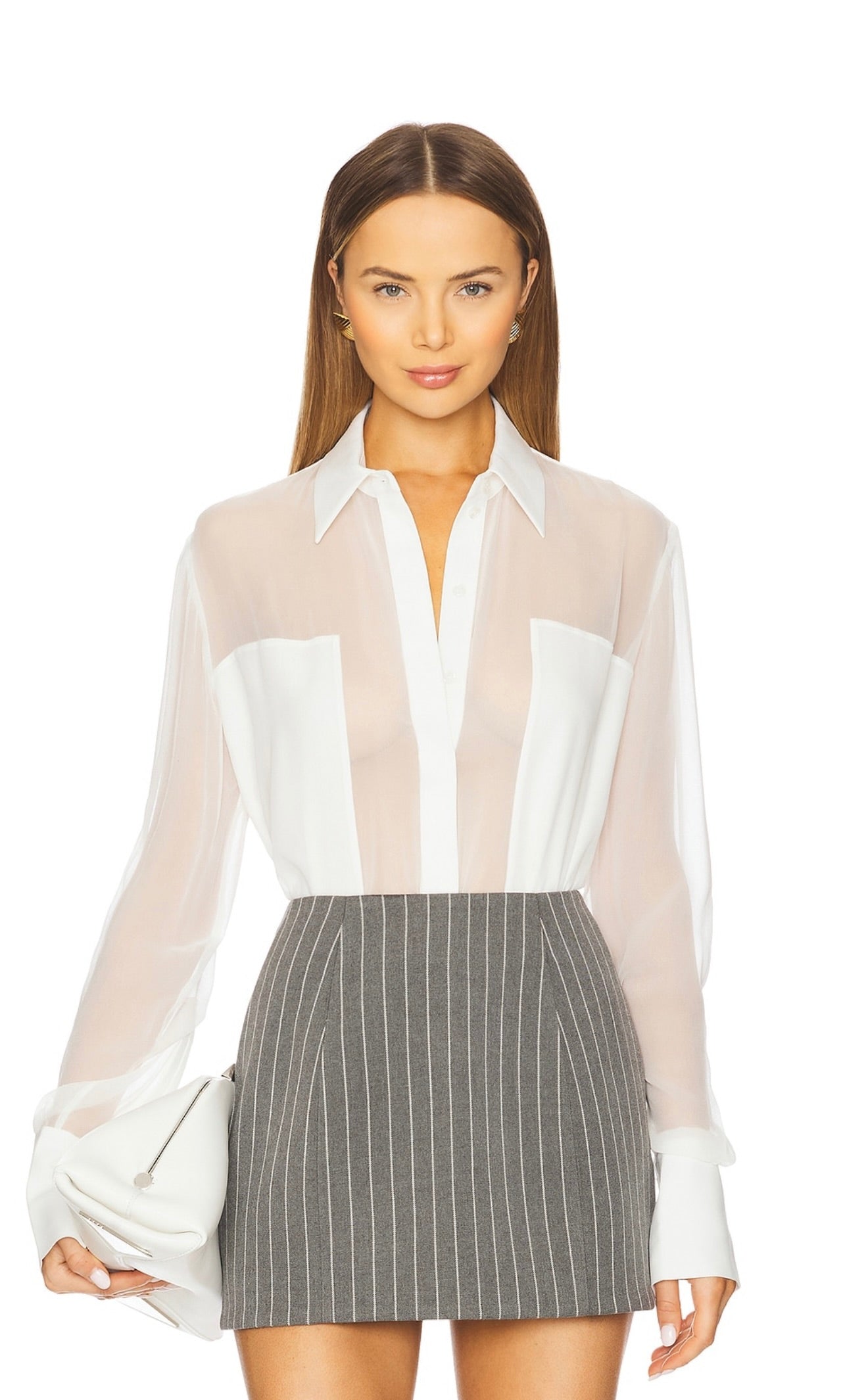 White 100% Silk Long-Sleeve Button-Up Shirt