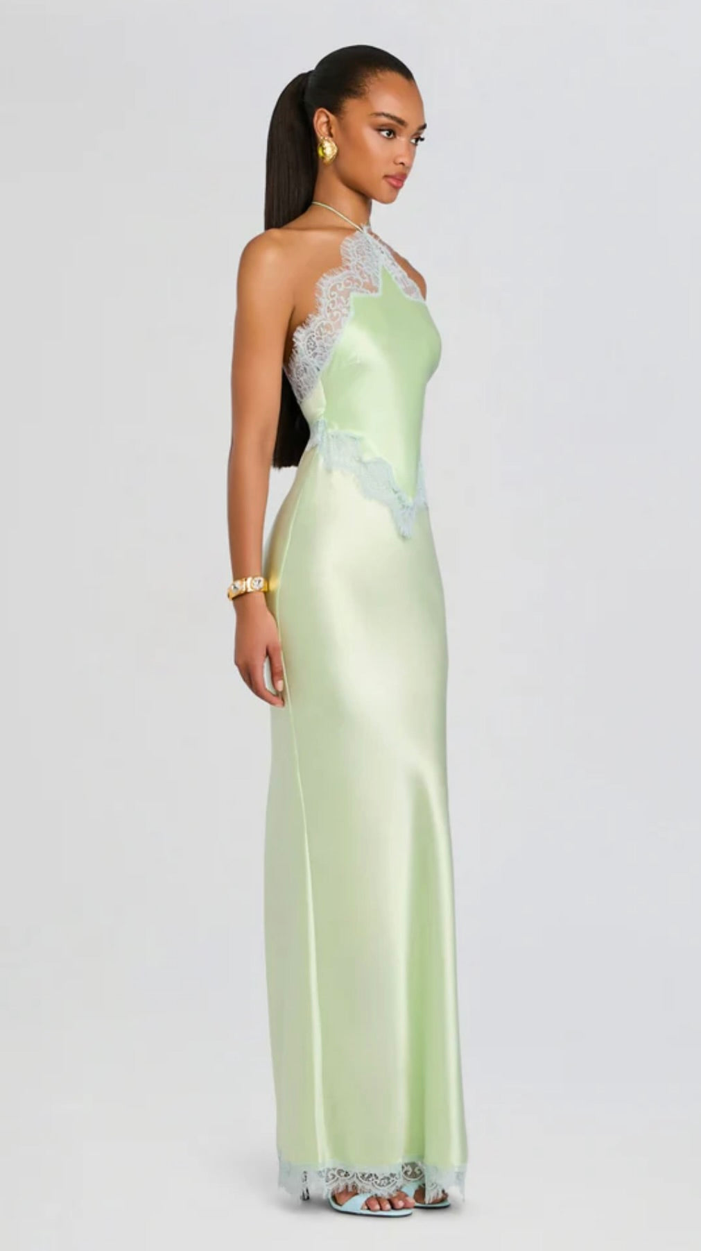 Glace Pistachio Halter Lace Gown