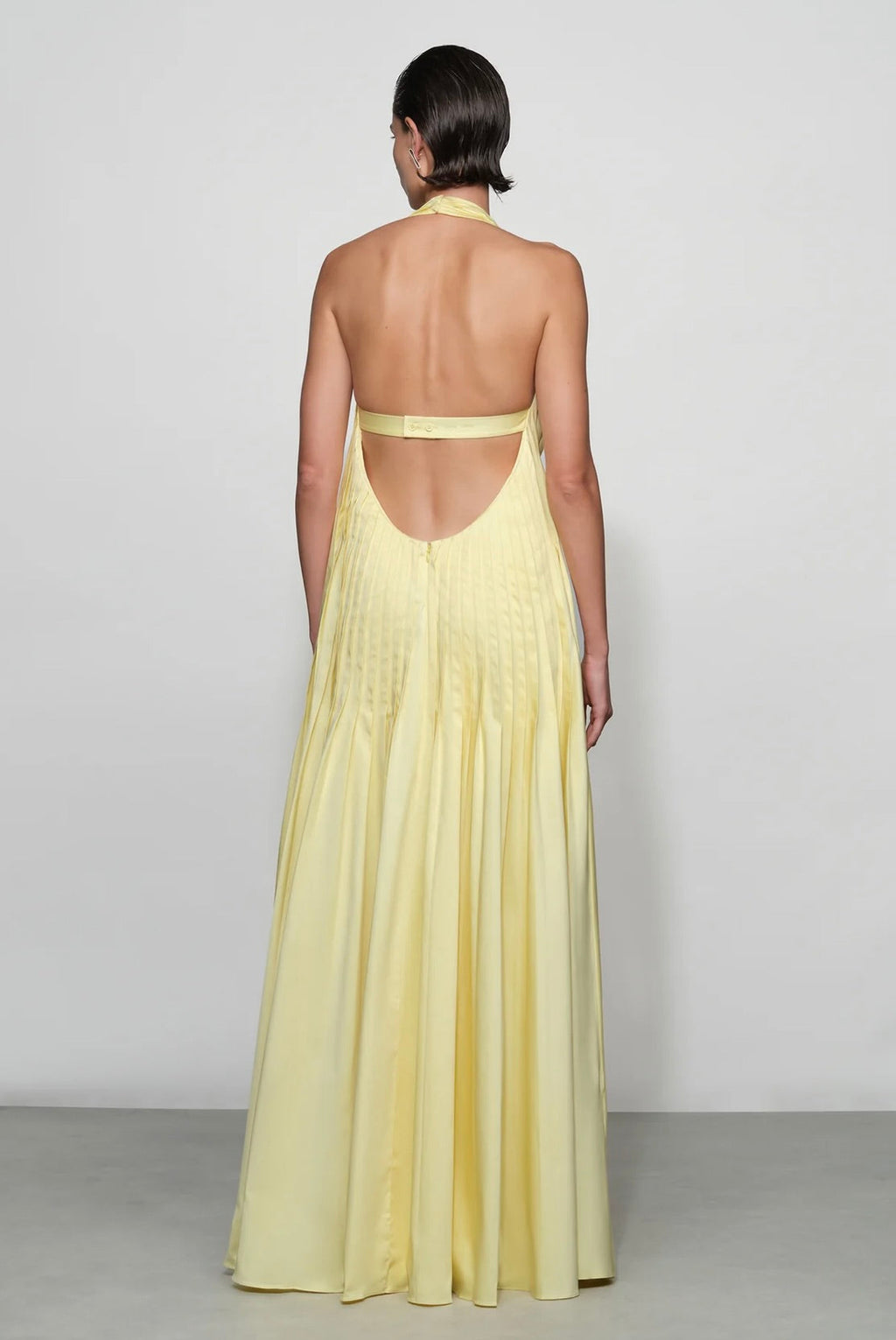 Butter Halter Open-Back Pleated Maxi Dress