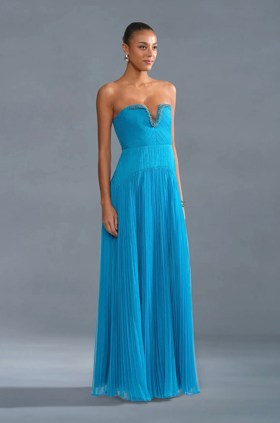 Azura Strapless 3D Beaded Pleated Floor-Length Gown