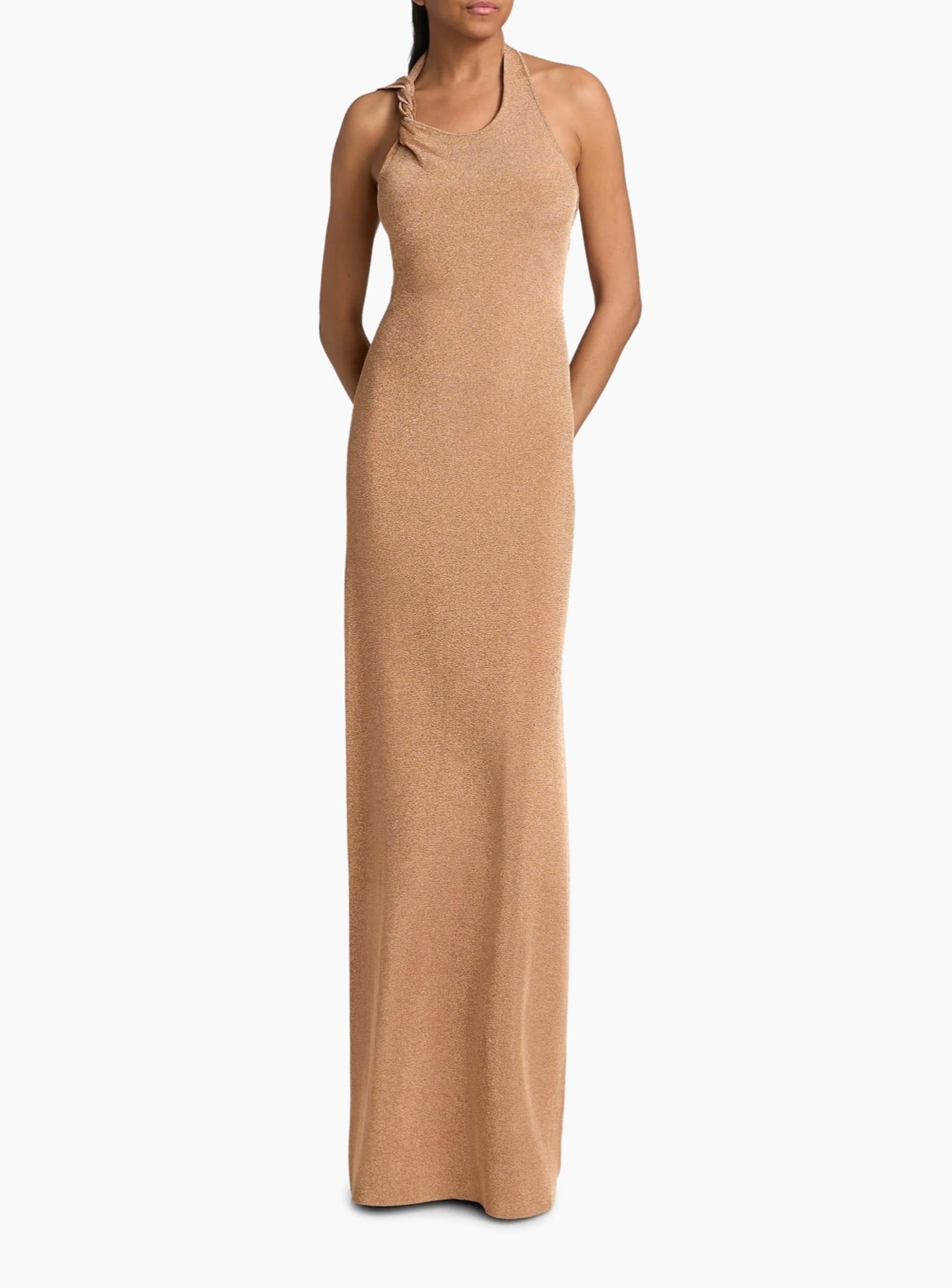 Fluid Shine Rust Halter Maxi Dress